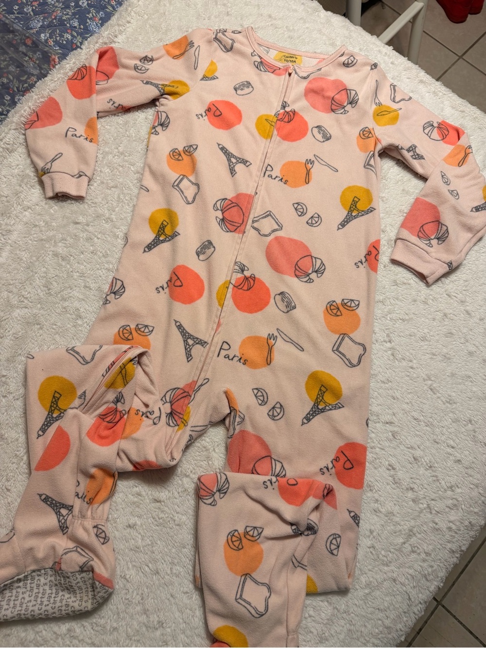 Carters size 10 Kids Pink Paris-Themed Fleece One-Piece Pajamas